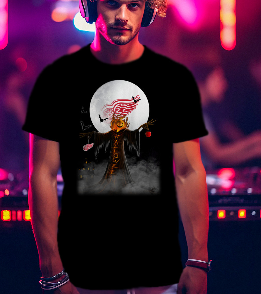 Halloween Detroit Red Wings Pumpkin Moon Bats Castle T-Shirt