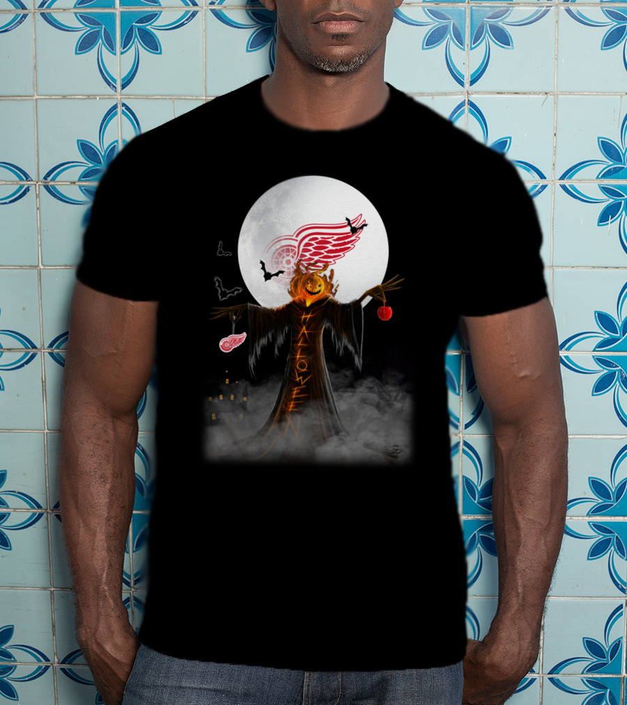Halloween Detroit Red Wings Pumpkin Moon Bats Castle T-Shirt