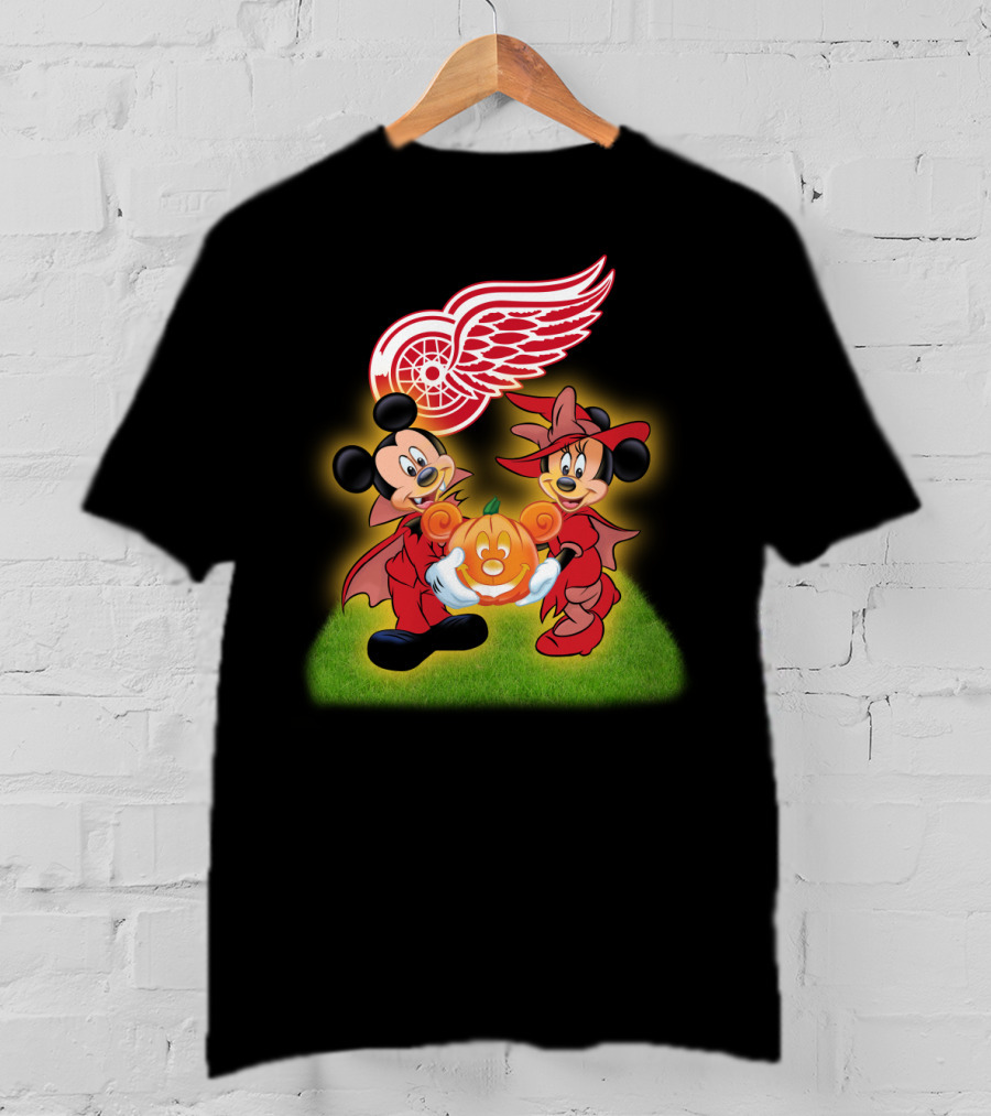 Detroit Red Wings Mickey And Minnie Halloween Pumpkin T-Shirt