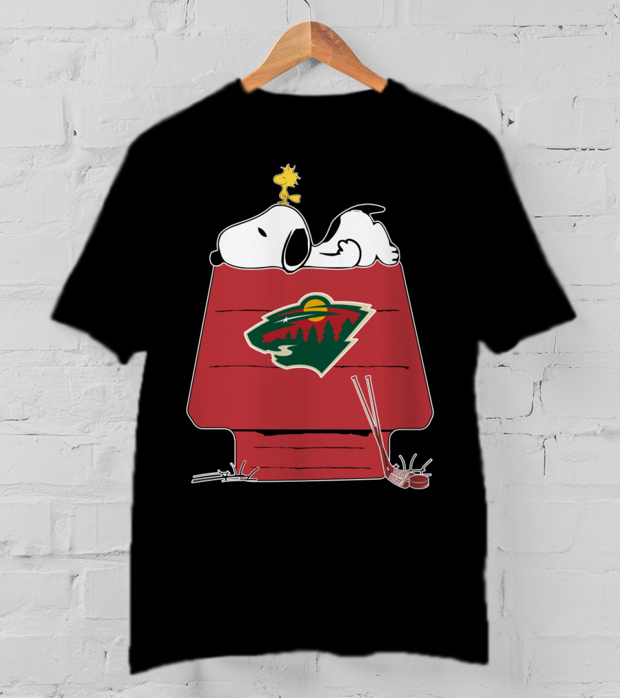 Snoopy On Doghouse With Minnesota Wild Logo And Hockey Gear T-Shirt