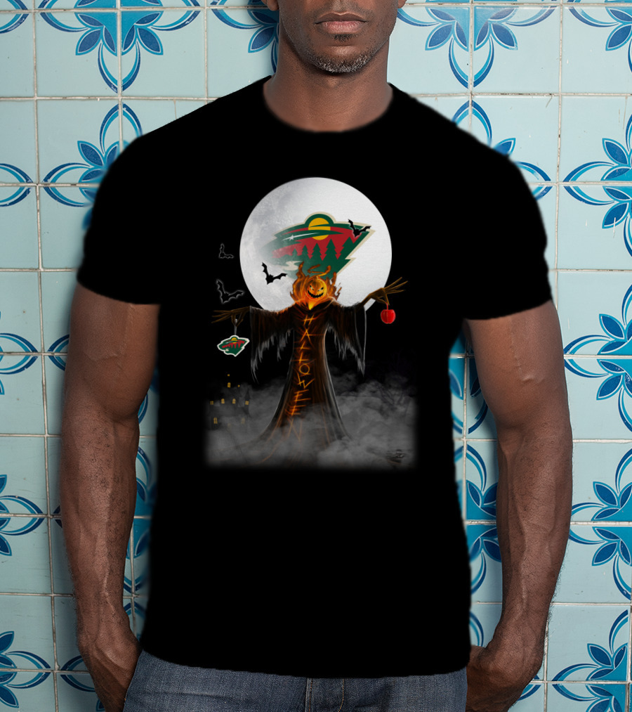 Halloween Pumpkin Scarecrow With Minnesota Wild Logo And Bats In Moonlit Haunted Scene T-Shirt