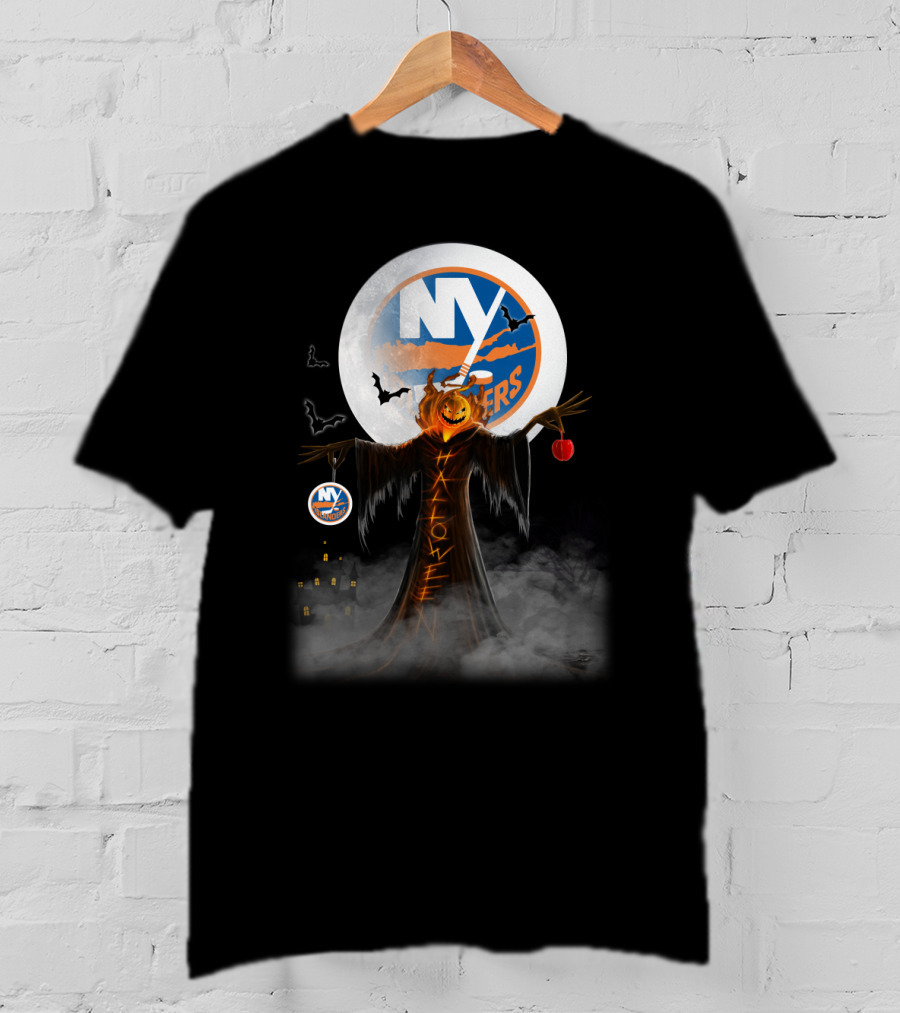 Halloween New York Islanders Pumpkin Moon Bats Spooky Scene T-Shirt