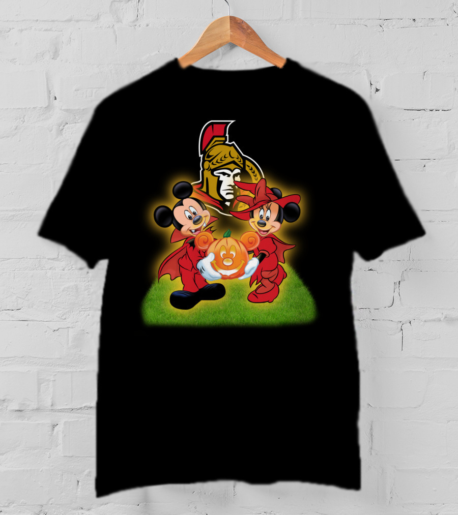 Mickey And Minnie Halloween Fun With Ottawa Senators Logo And Pumpkin T-Shirt