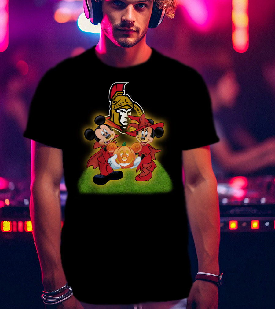 Mickey And Minnie Halloween Fun With Ottawa Senators Logo And Pumpkin T-Shirt