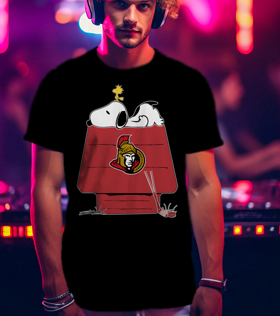 Snoopy And Woodstock On Ottawa Senators Doghouse With Hockey Sticks T-Shirt