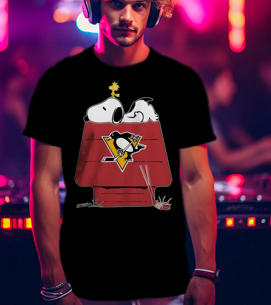 Snoopy Penguins Hockey House Featuring Woodstock And Penguins T-Shirt
