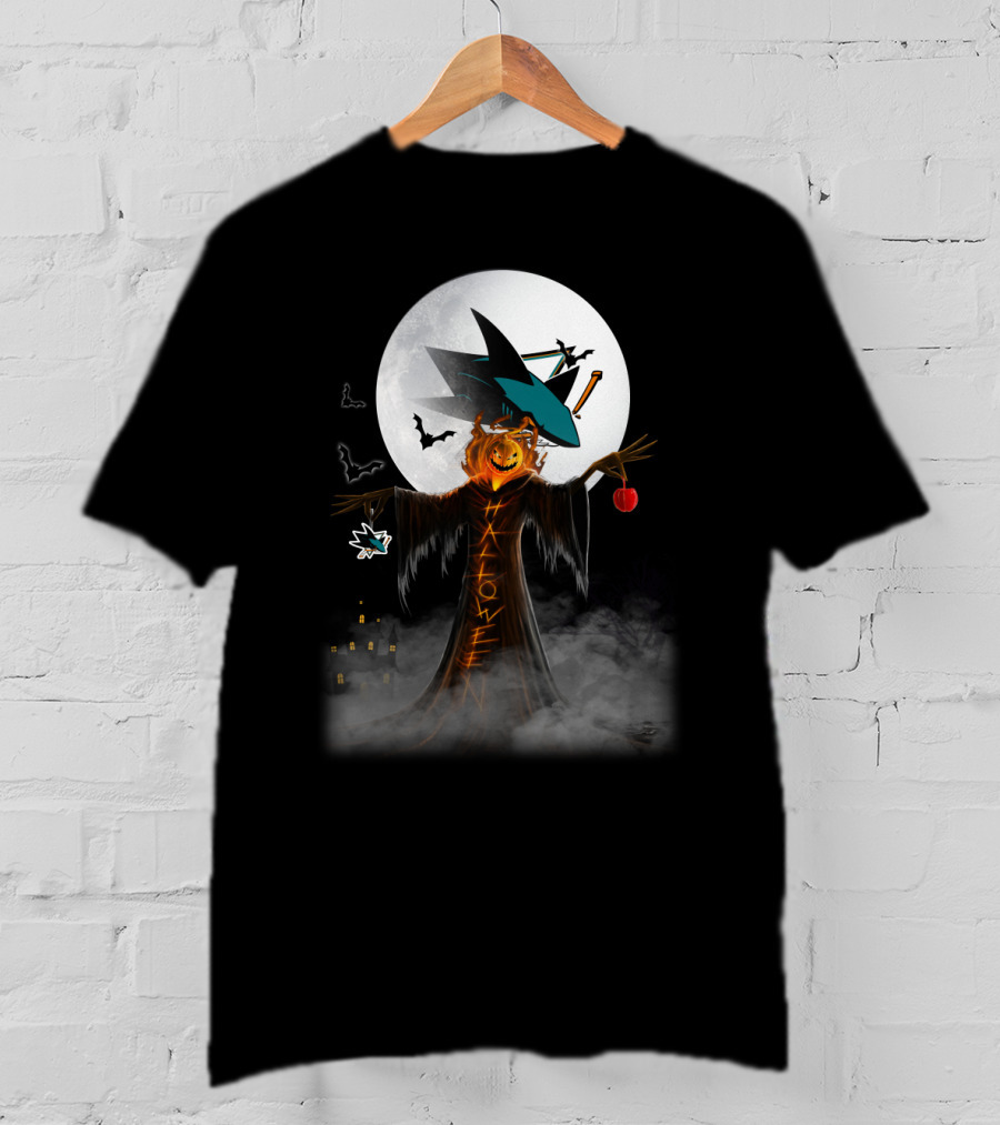 Halloween San Jose Sharks Full Moon Witch Pumpkin Bats T-Shirt