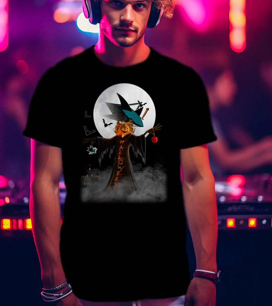 Halloween San Jose Sharks Full Moon Witch Pumpkin Bats T-Shirt