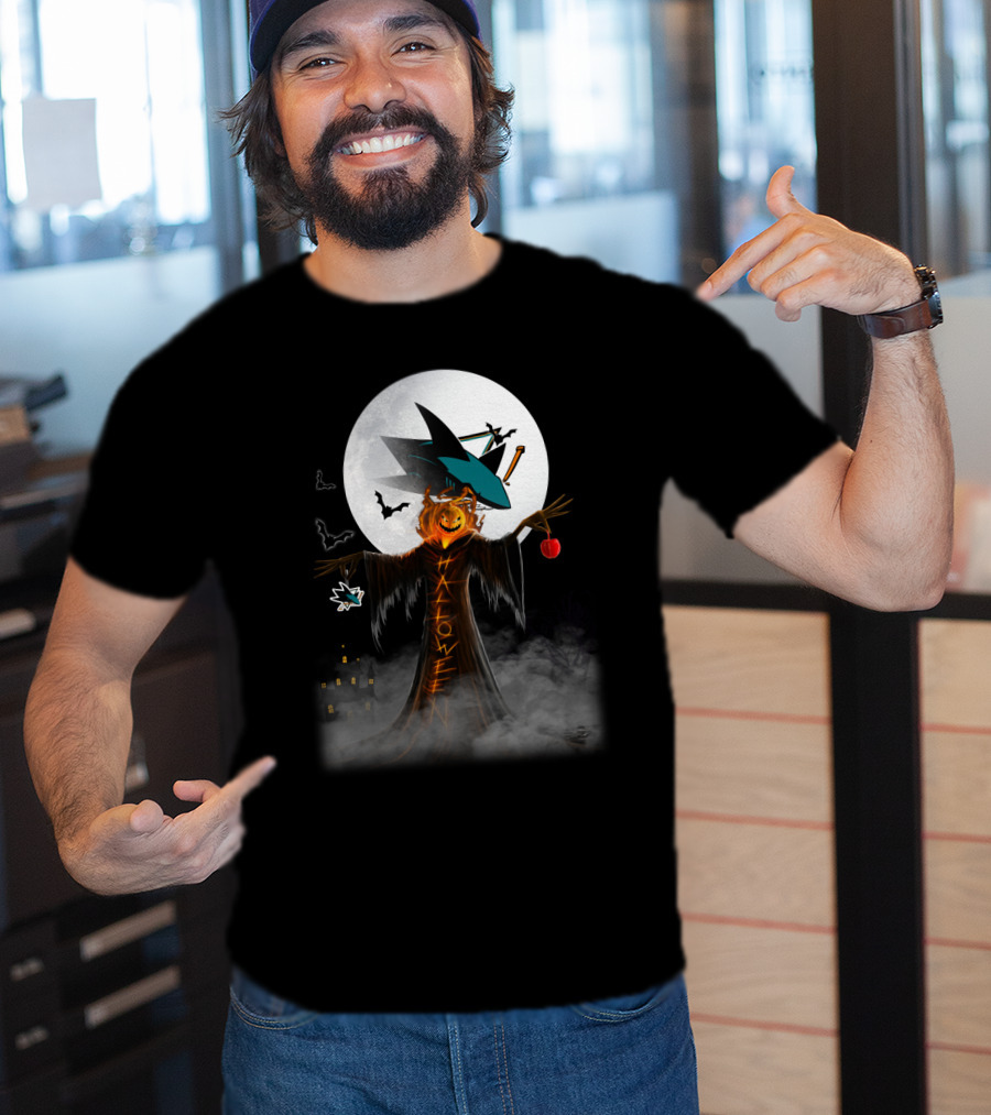 Halloween San Jose Sharks Full Moon Witch Pumpkin Bats T-Shirt