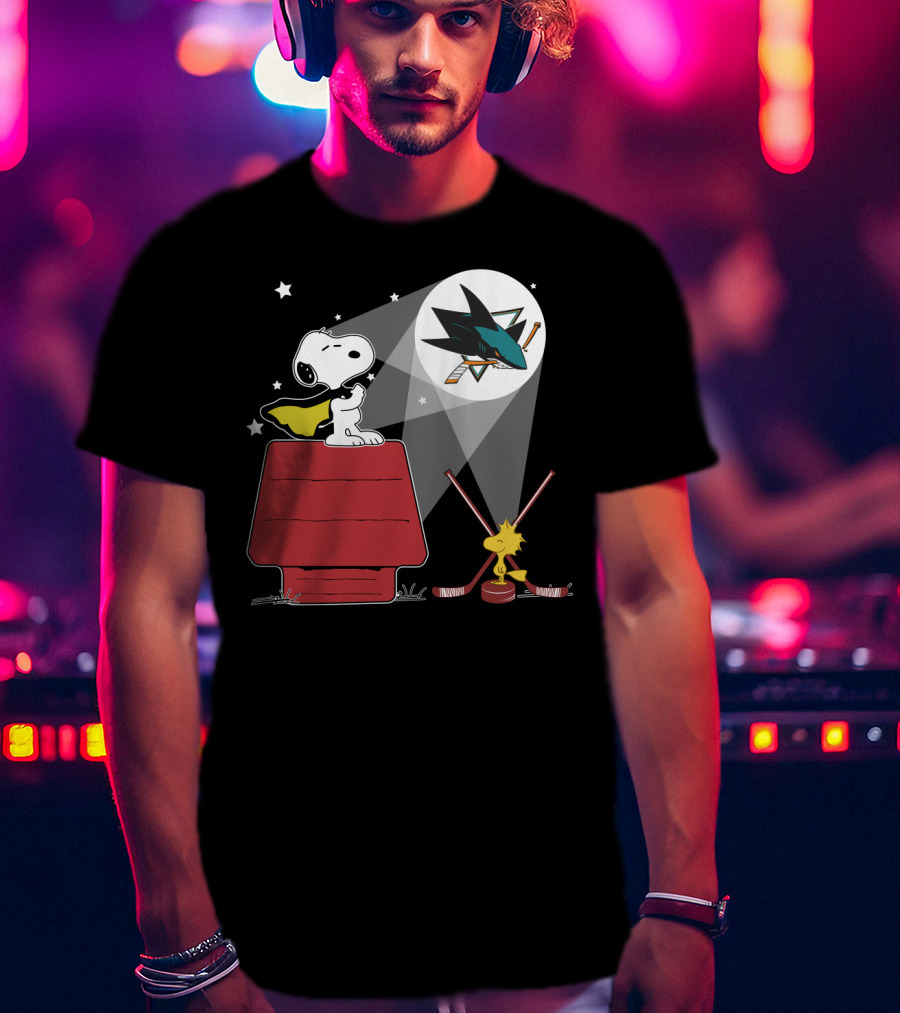 Snoopy Woodstock San Jose Sharks Nhl Fan Art Moonlight Scene T-Shirt