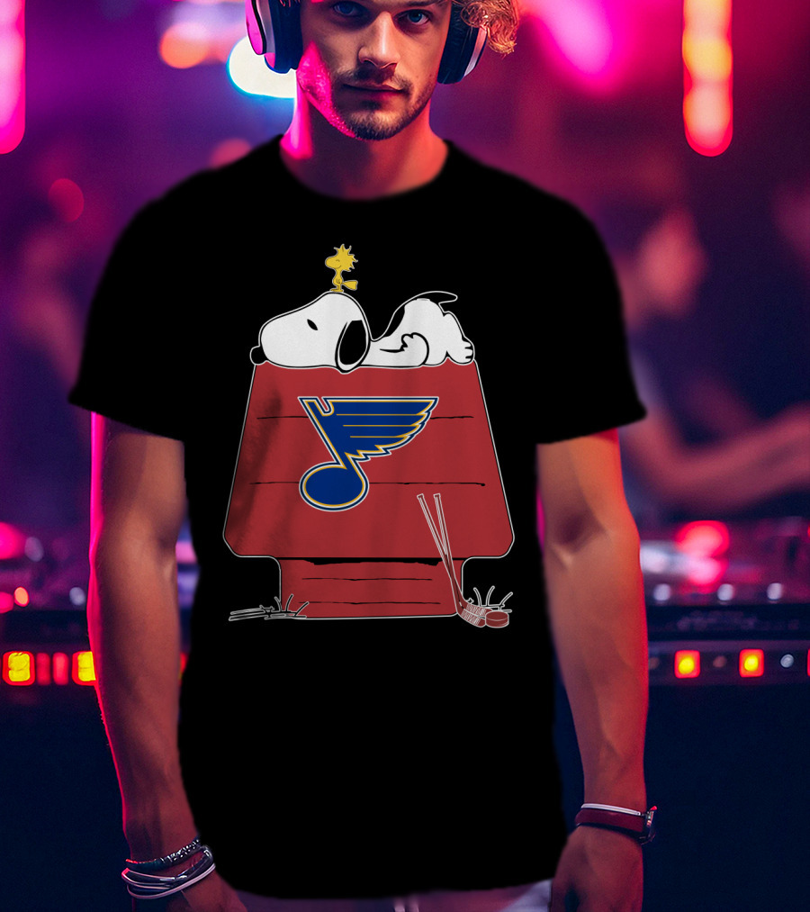 Snoopy And Woodstock With St. Louis Blues Logo On Doghouse T-Shirt