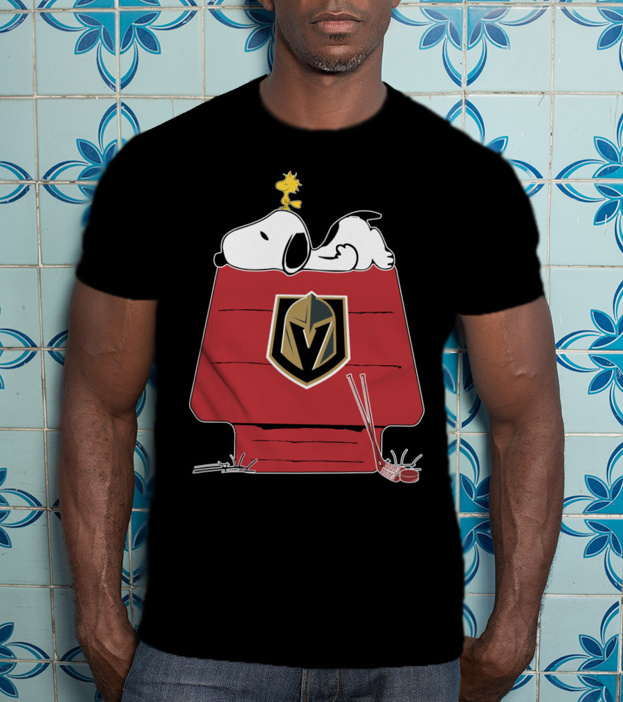 Snoopy Relaxing On Doghouse With Vegas Golden Knights Logo Featuring Hockey Sticks And Woodstock T-Shirt