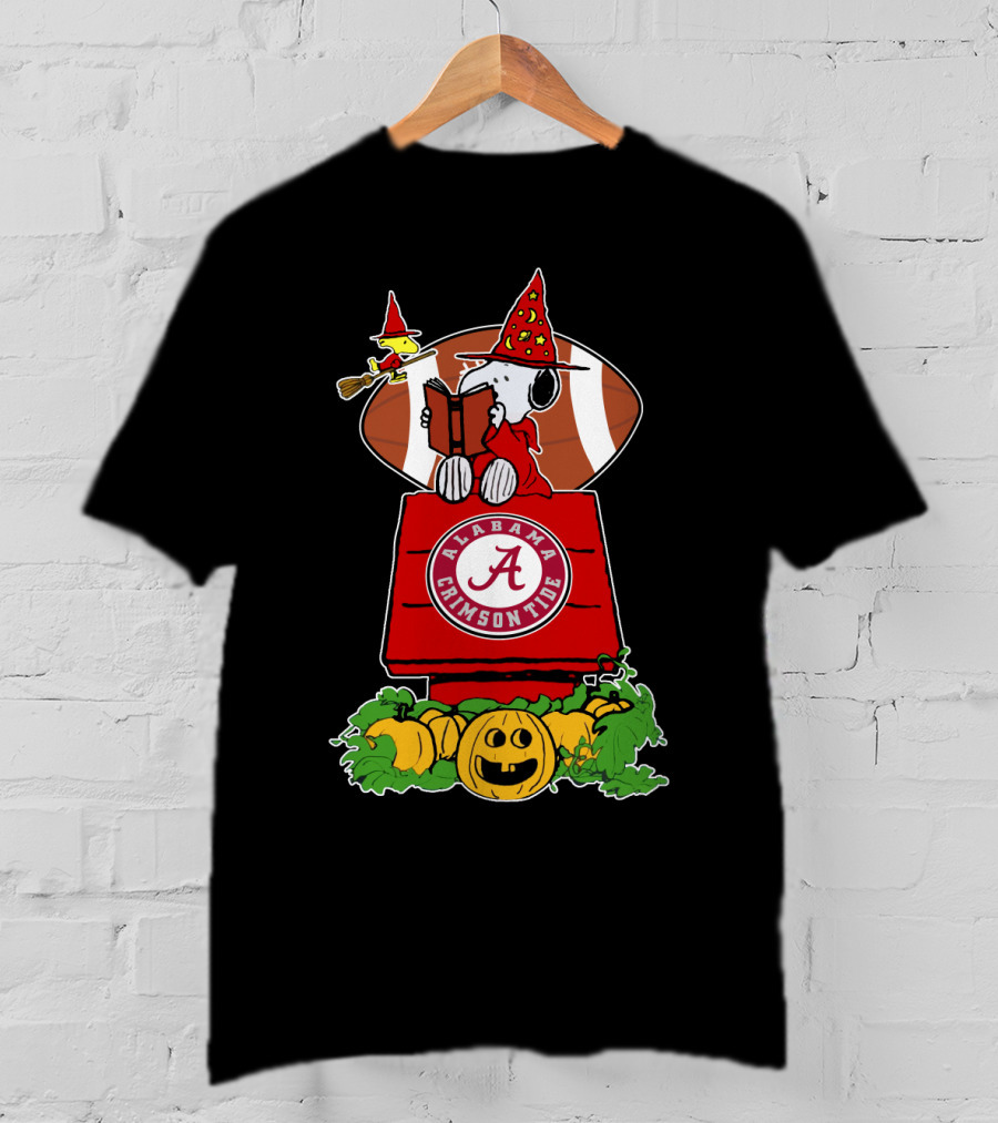 Alabama Crimson Tide Snoopy Halloween Scene With Football And Pumpkins T-Shirt