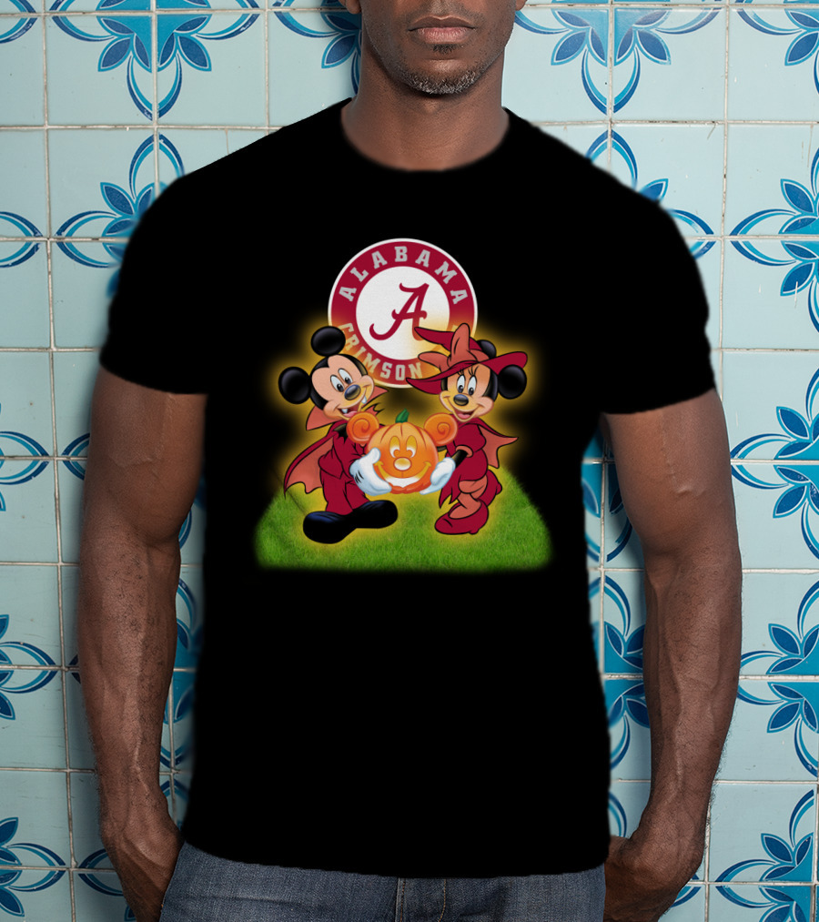 Alabama Crimson Tide Mickey And Minnie Halloween Football Pumpkin T-Shirt