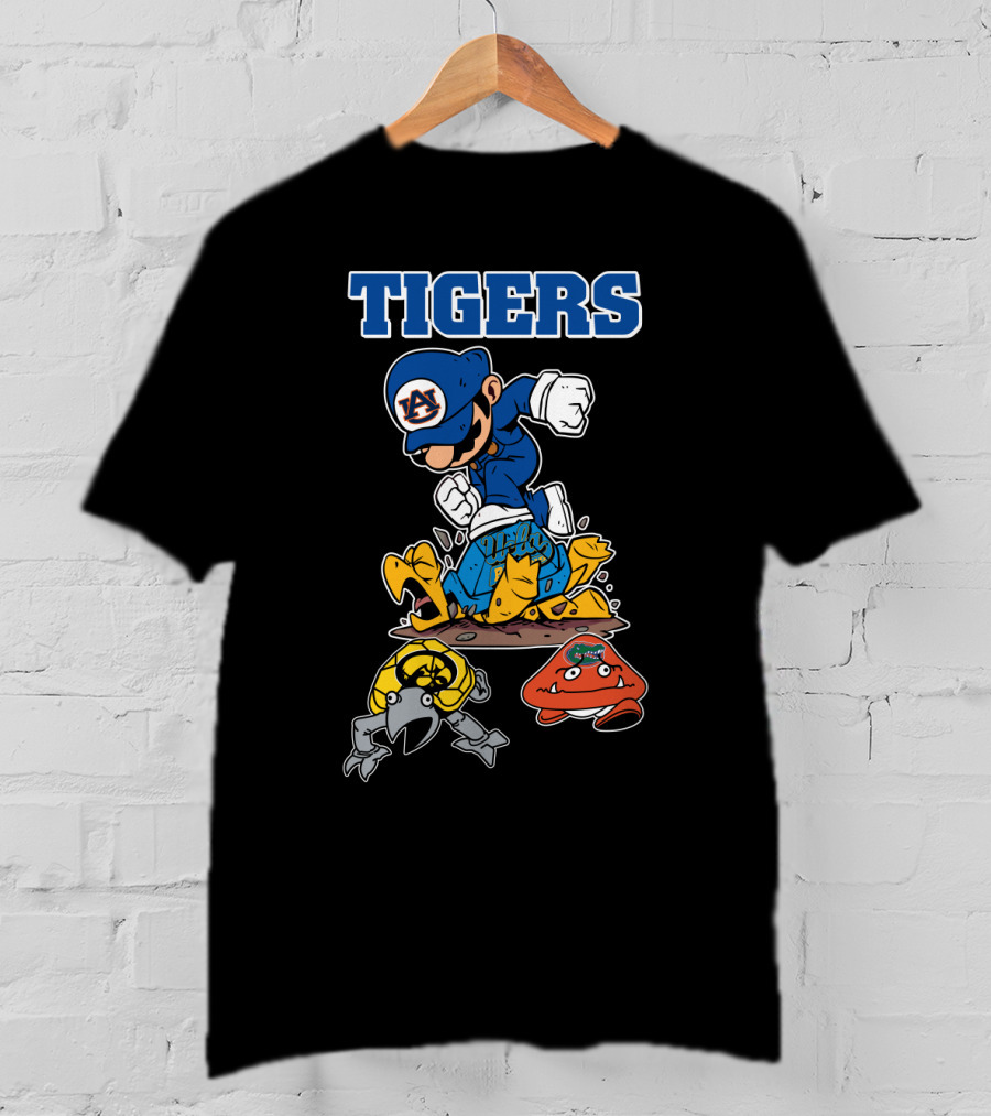 Auburn Tigers Football Character Jumping Over Classic Game Style Opponents T-Shirt