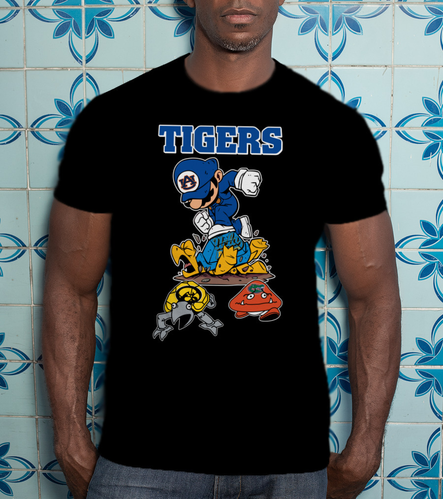 Auburn Tigers Football Character Jumping Over Classic Game Style Opponents T-Shirt