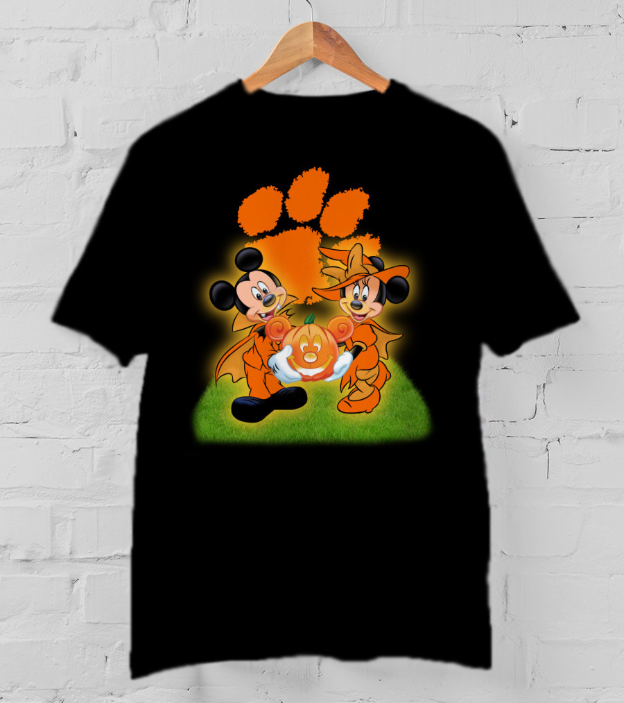 Clemson Halloween Football Mickey Minnie Pumpkin Paws T-Shirt
