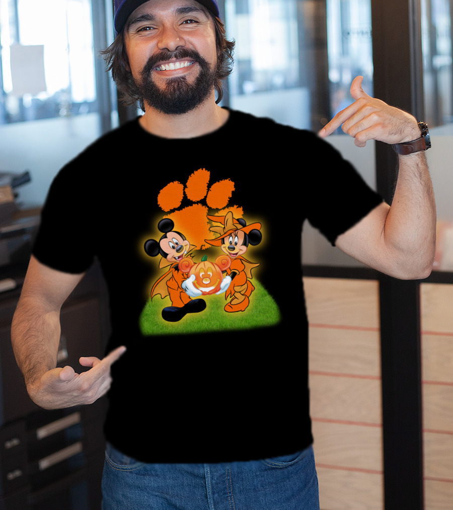 Clemson Halloween Football Mickey Minnie Pumpkin Paws T-Shirt