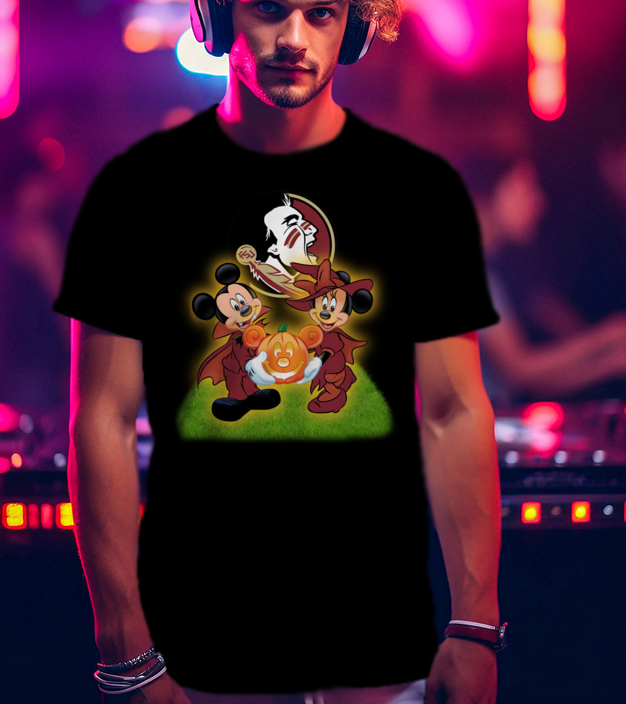 Fsu Football Halloween Mickey And Minnie With Pumpkin T-Shirt