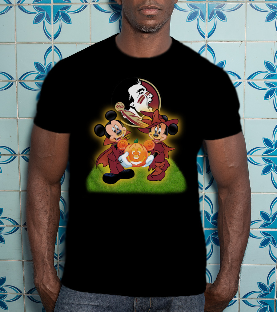 Fsu Football Halloween Mickey And Minnie With Pumpkin T-Shirt