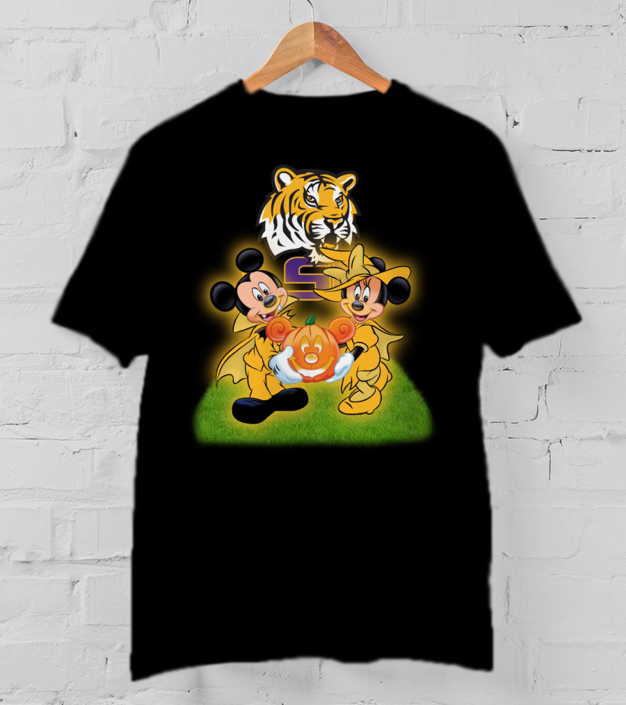 LSU Football Halloween Mickey And Minnie With Pumpkin Tiger T-Shirt
