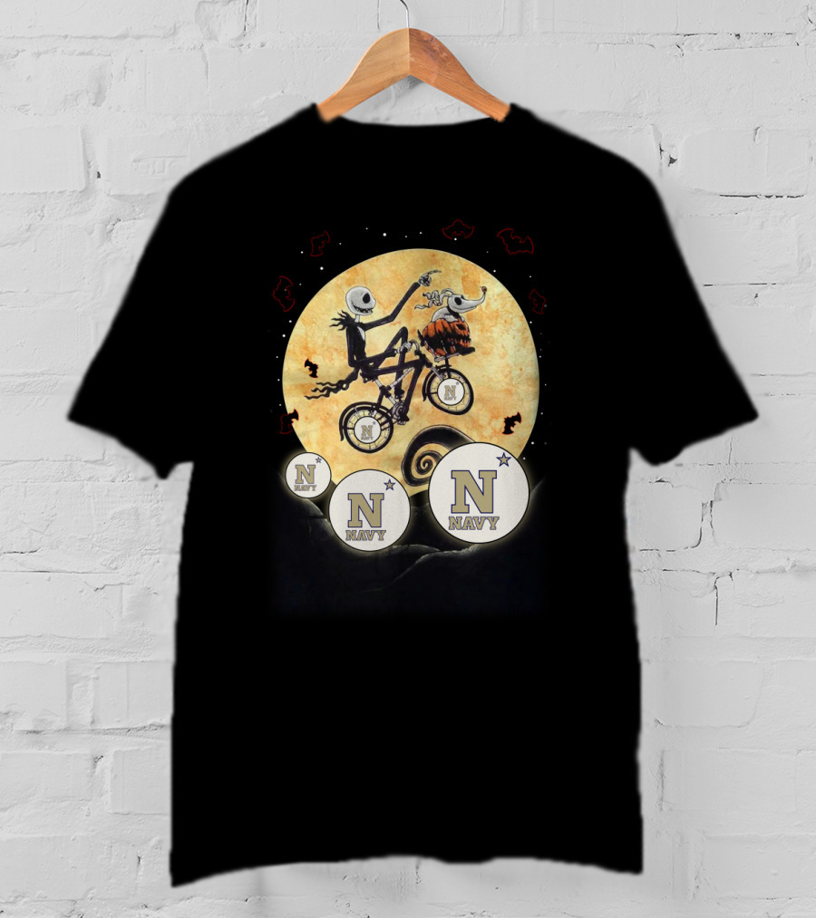 Navy Halloween Football Moon Cycling Scene With Stars And Bats T-Shirt