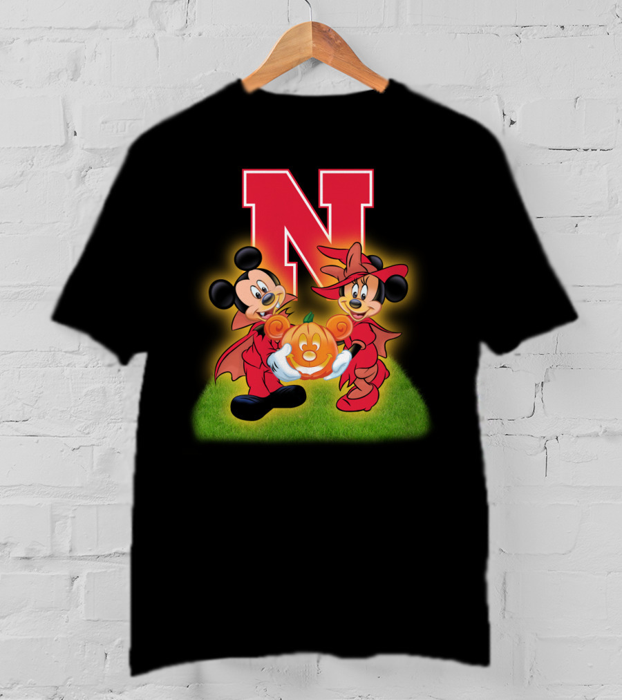 Halloween Nebraska Cornhuskers Football Mickey Minnie Pumpkin T-Shirt