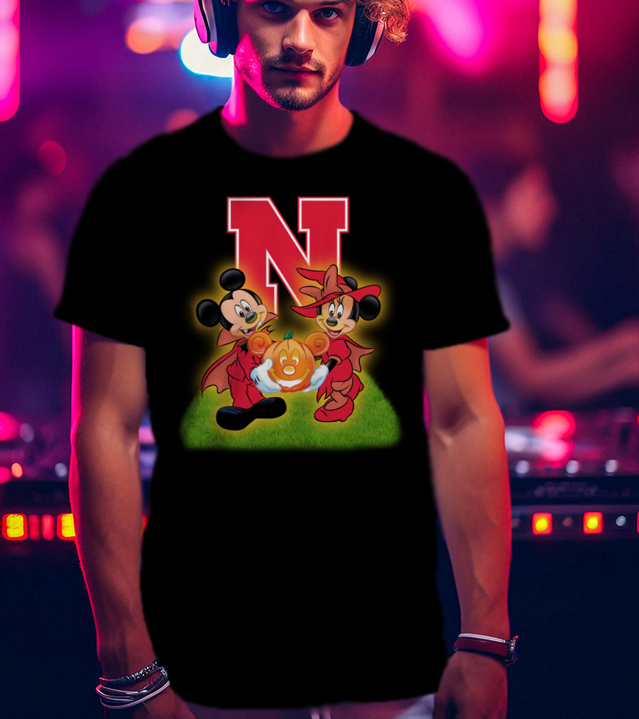 Halloween Nebraska Cornhuskers Football Mickey Minnie Pumpkin T-Shirt