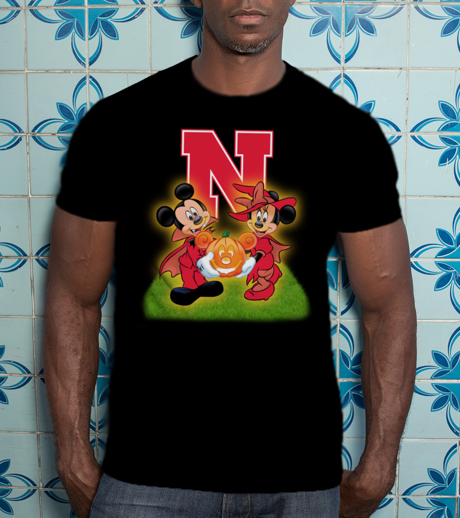Halloween Nebraska Cornhuskers Football Mickey Minnie Pumpkin T-Shirt