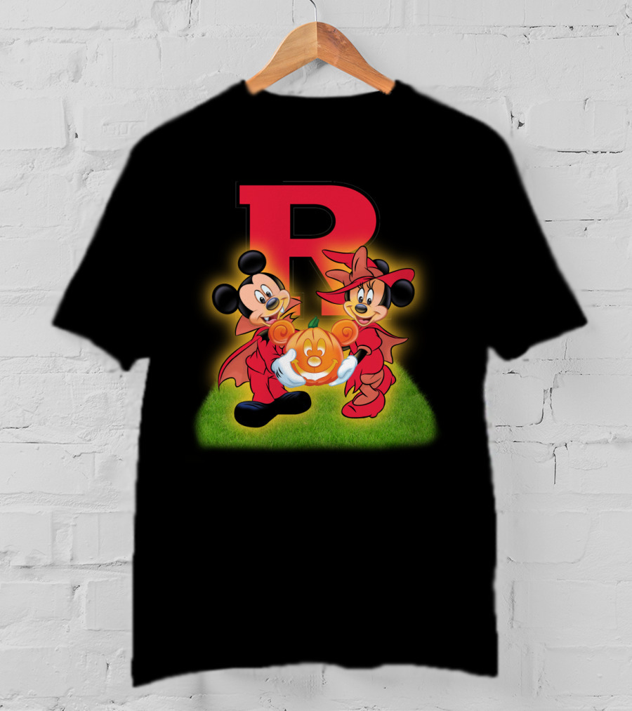 R Rutgers Halloween Mickey Minnie Pumpkin Football T-Shirt