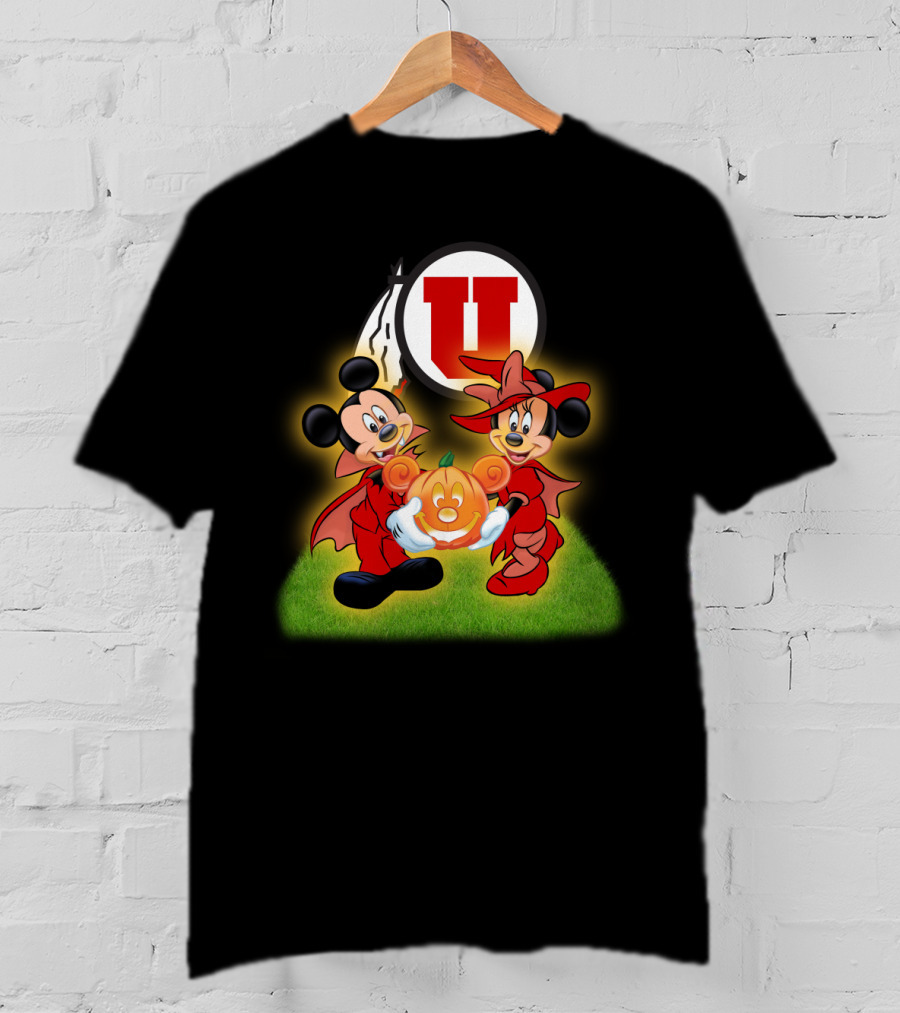 Utah U Halloween Football Pumpkin With Mickey And Minnie Mouse T-Shirt