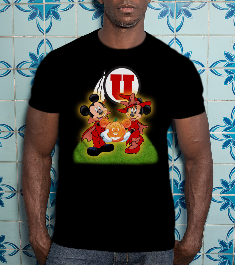 Utah U Halloween Football Pumpkin With Mickey And Minnie Mouse T-Shirt
