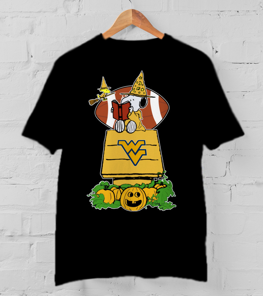 Snoopy Witch Reading On WVU Doghouse With Football And Pumpkins For Halloween T-Shirt