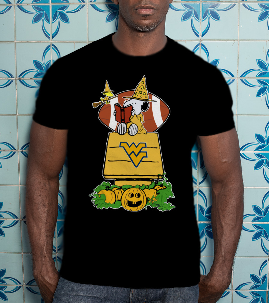 Snoopy Witch Reading On WVU Doghouse With Football And Pumpkins For Halloween T-Shirt