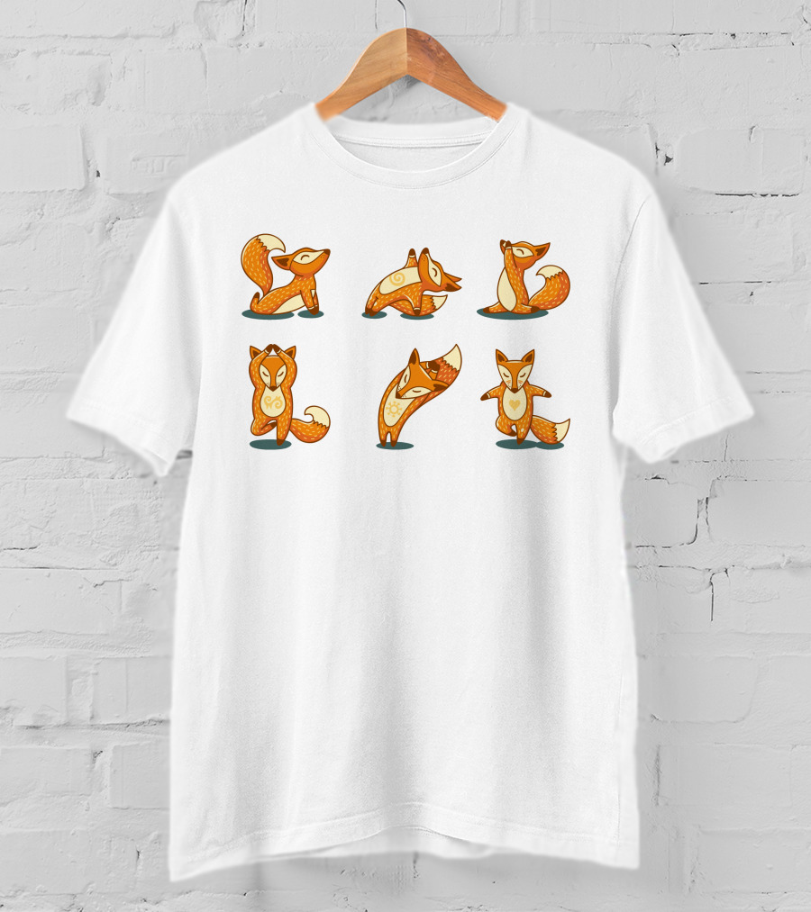 Fox Yoga Poses Playful Cartoon Style T-Shirt