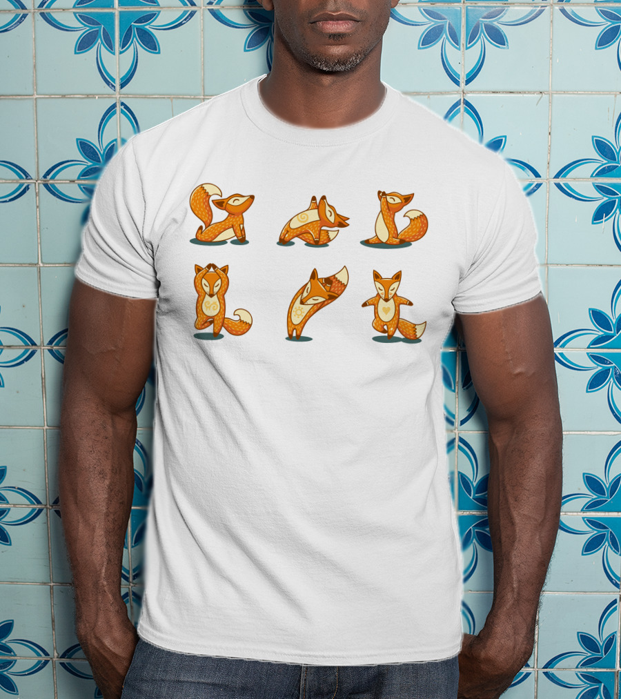 Fox Yoga Poses Playful Cartoon Style T-Shirt
