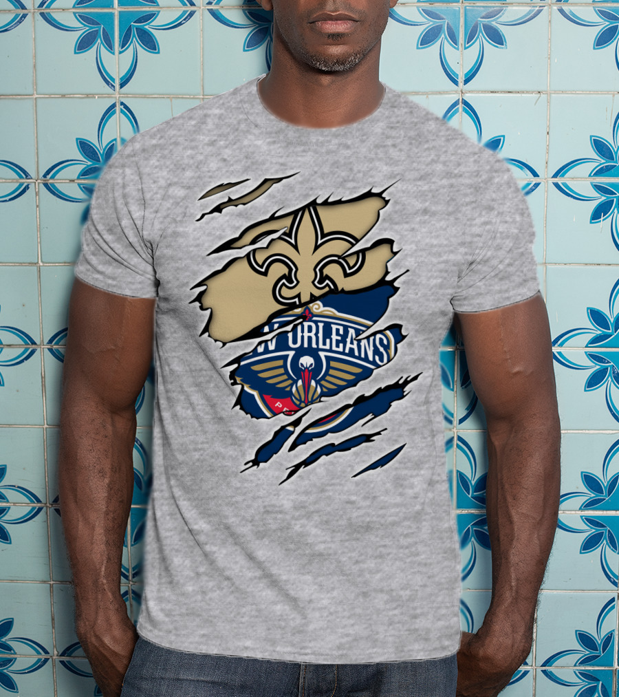 New Orleans Saints Pelicans Fleur-de-Lis Rip T-Shirt