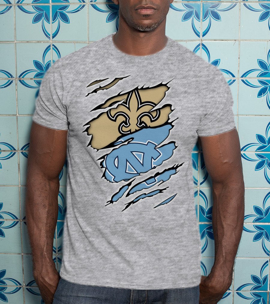 Saints Fleur-de-Lis And UNC Tar Heels NC Logo Fusion T-Shirt