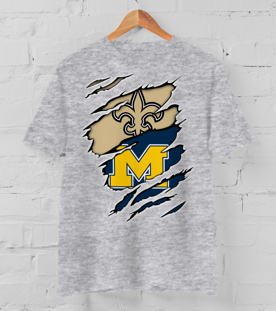 New Orleans Saints Fleur-De-Lis And Michigan Wolverines M Logo Ripped T-Shirt