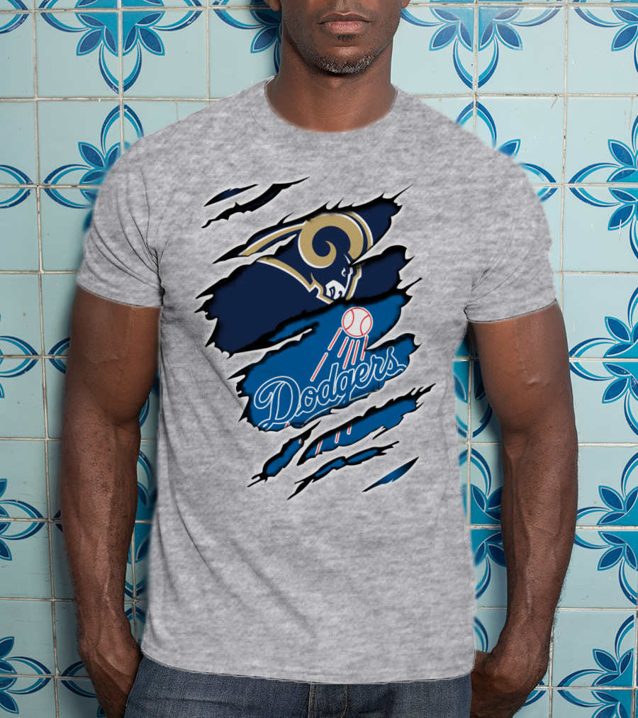 Rams Dodgers Scratch Tear Logo Crossover Fusion T-Shirt