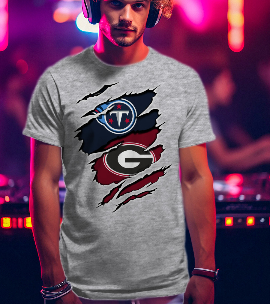 Tennessee Titans Georgia Bulldogs Claw Marks Fusion Logo With Team Icons And Colors T-Shirt