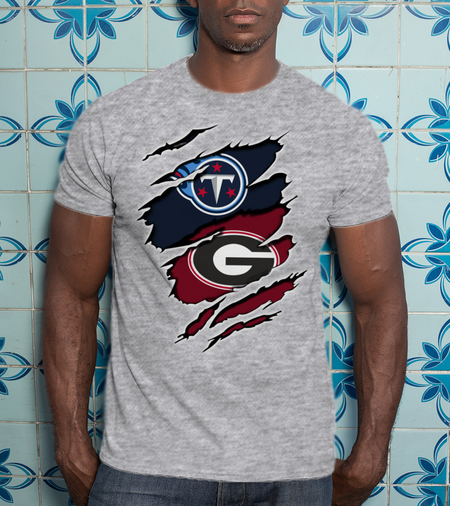 Tennessee Titans Georgia Bulldogs Claw Marks Fusion Logo With Team Icons And Colors T-Shirt