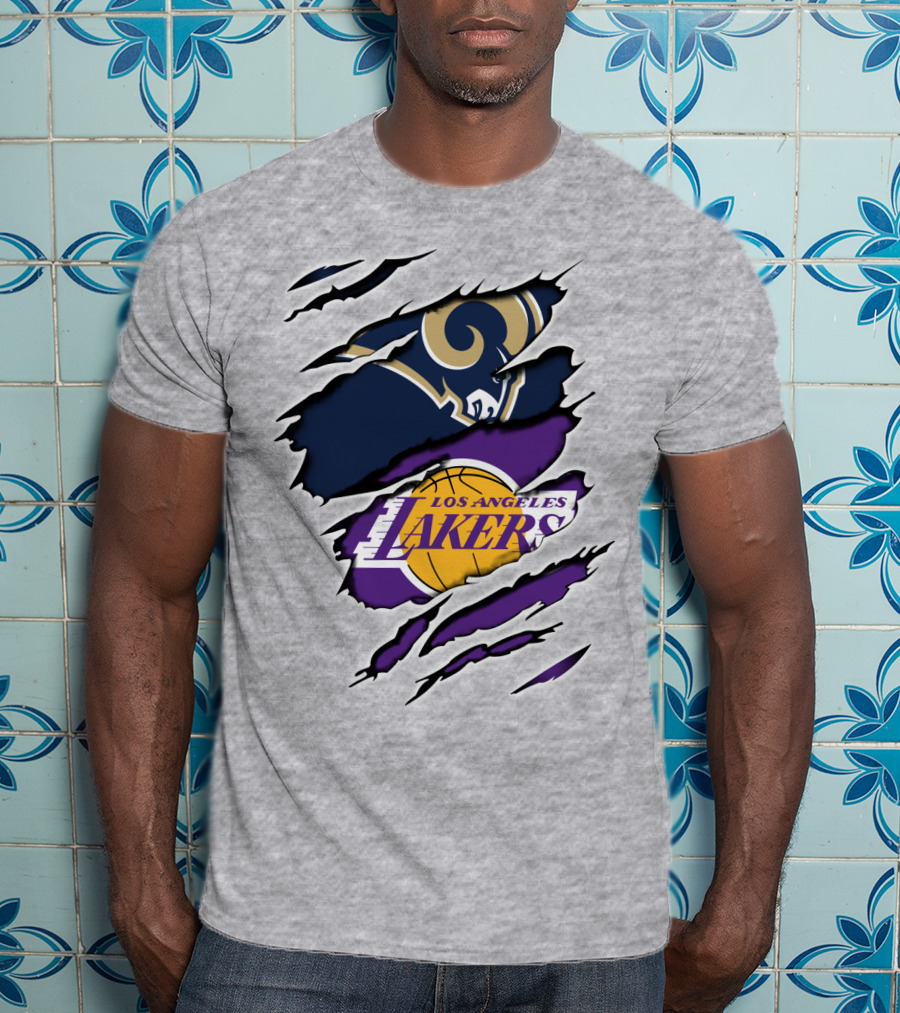 Los Angeles Rams Lakers Logos Scratch Sports Collaboration T-Shirt