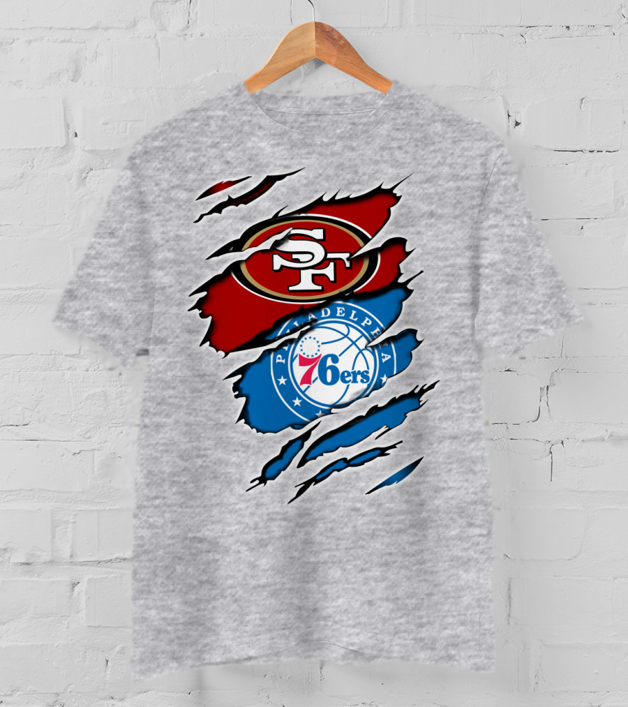 49Ers Sf 76Ers Philadelphia Logos IN Scratched T-Shirt