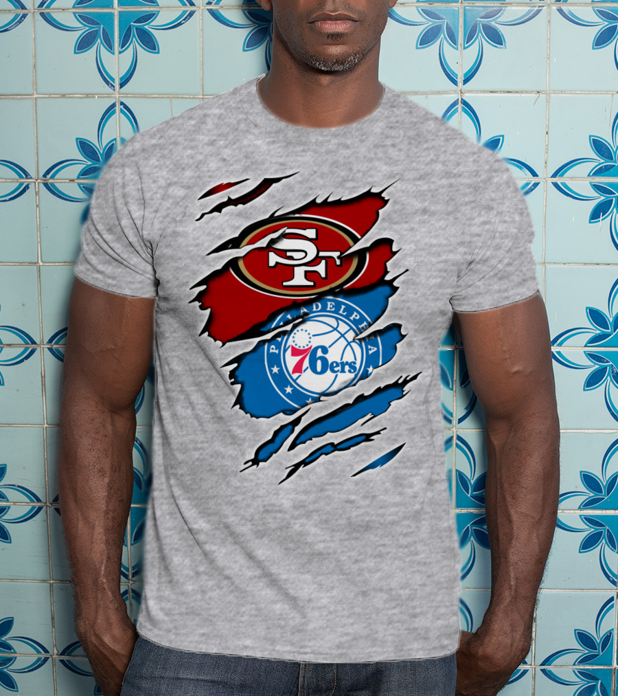49Ers Sf 76Ers Philadelphia Logos IN Scratched T-Shirt
