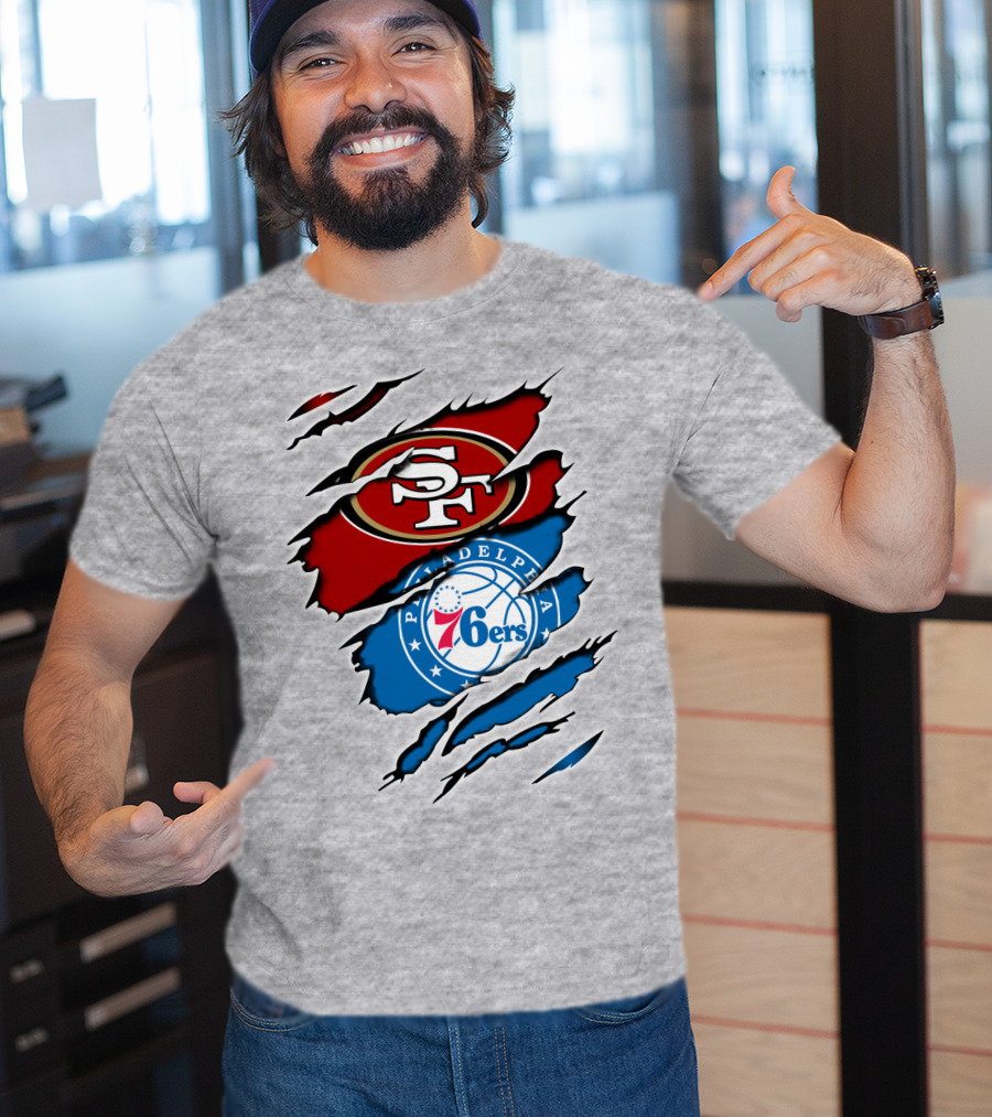 49Ers Sf 76Ers Philadelphia Logos IN Scratched T-Shirt