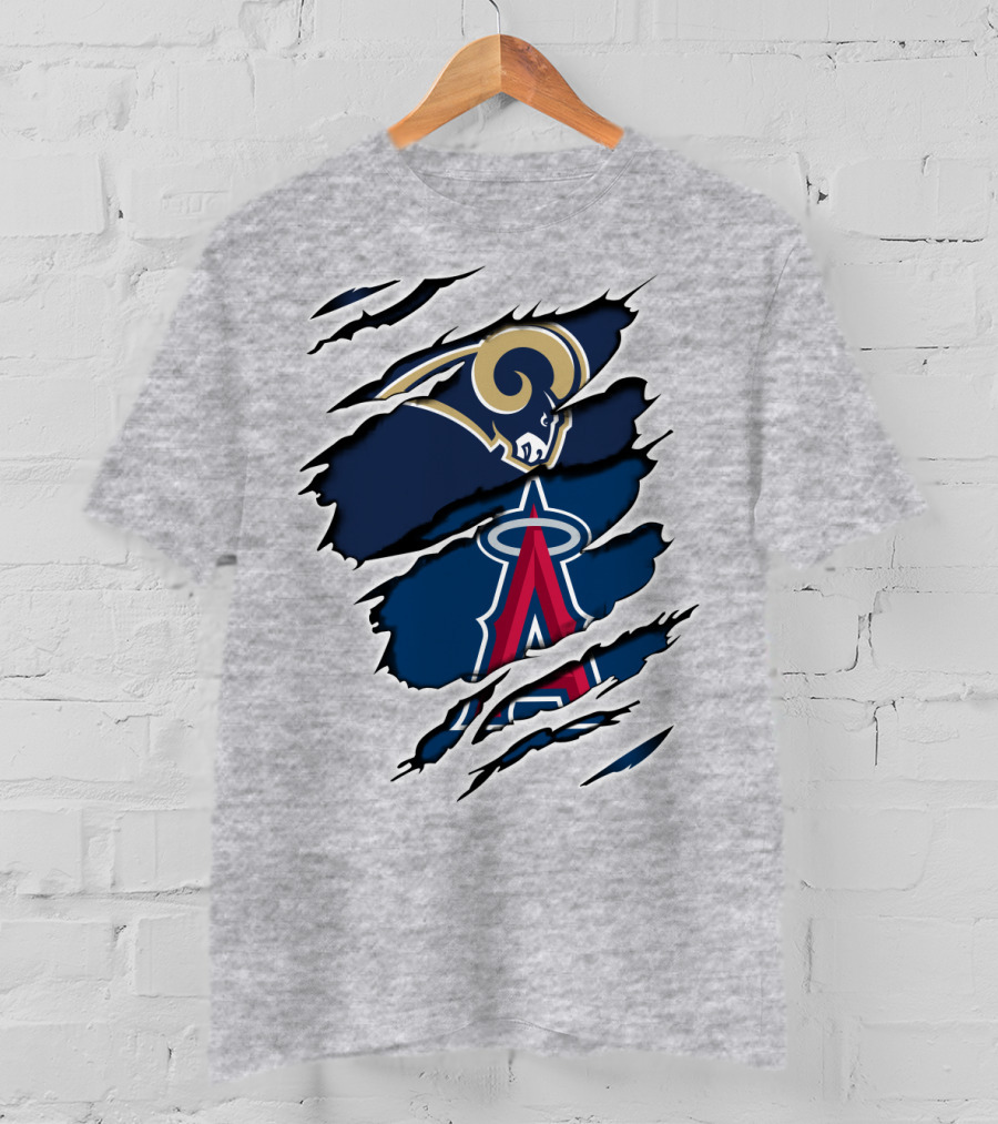 Rams Angels Rams Angles Logo Mashup On Ripped Blue Background T-Shirt