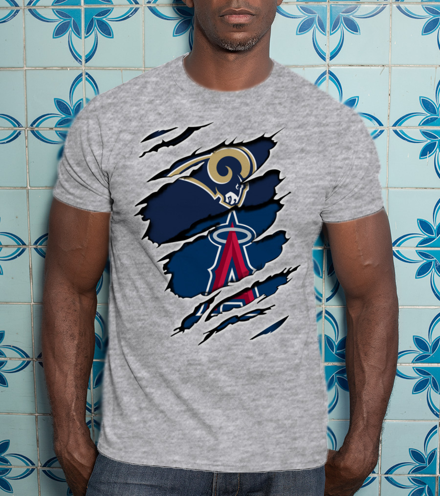 Rams Angels Rams Angles Logo Mashup On Ripped Blue Background T-Shirt