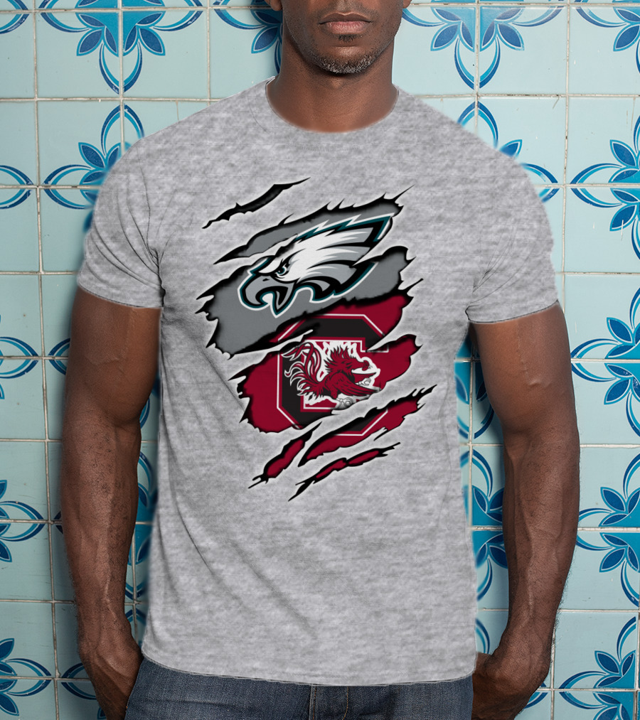 Eagles Gamecocks Logo Clash On Ripped Grey Background T-Shirt