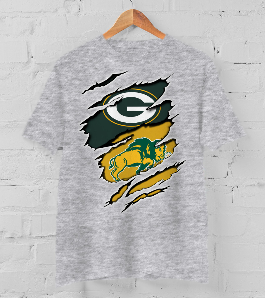 Packers Green And Gold G Logo With Dakota Bison Ripped T-Shirt